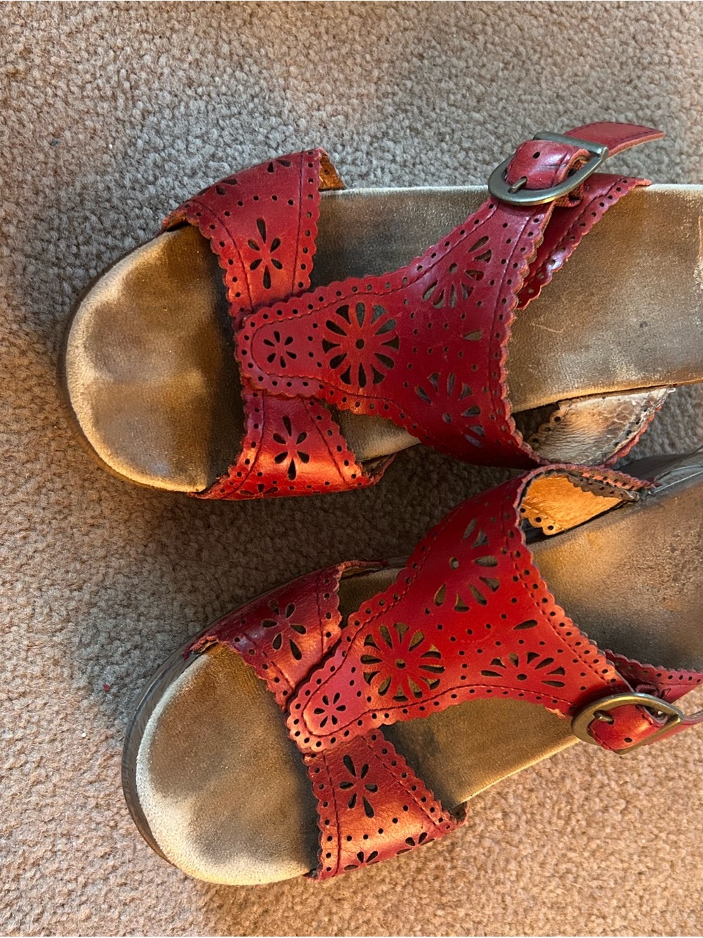 Dansko Red Laser-Cut Leather Floral Strap Sandals